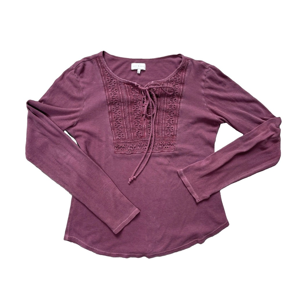 Lucky Brand Women's Boho Waffle Knit Top Size L Burgundy Lace Applique